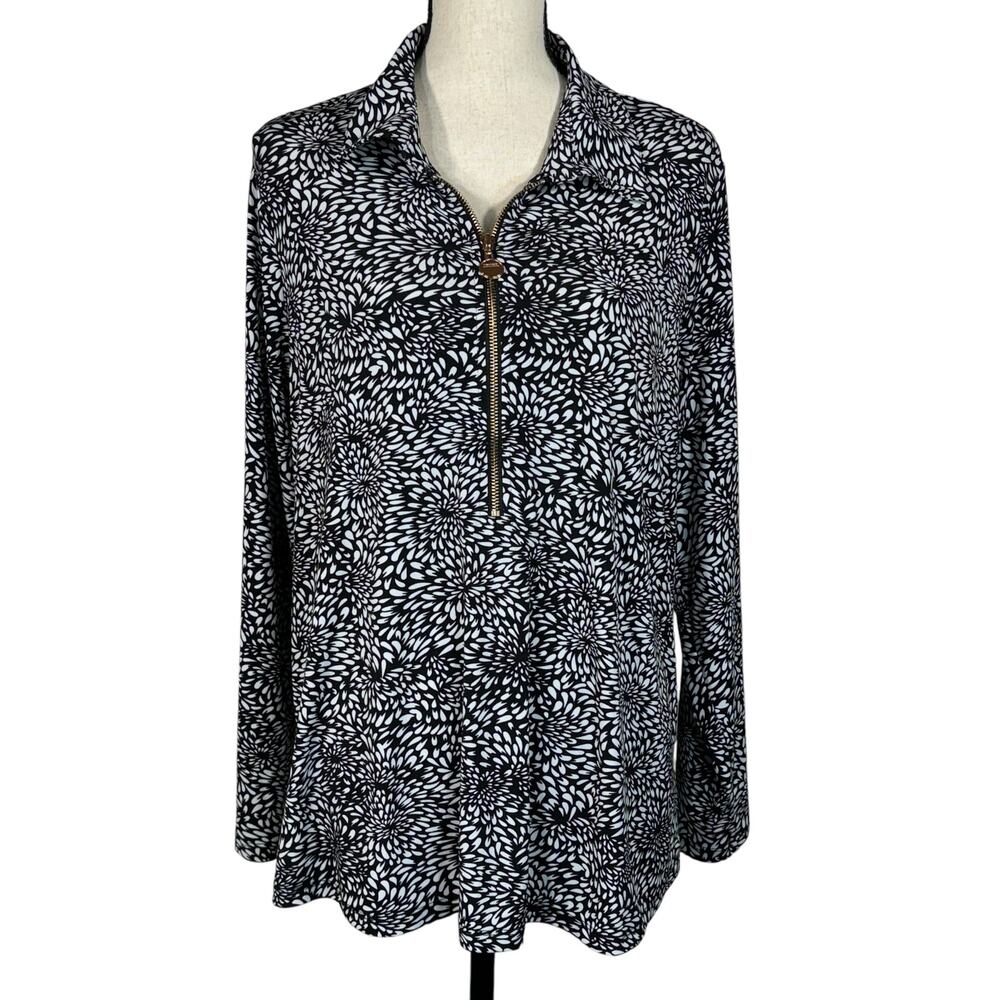 T Tahari 1X-Large Top Floral Roll-Tab Sleeve Half-Zip Stretch Collar Black White
